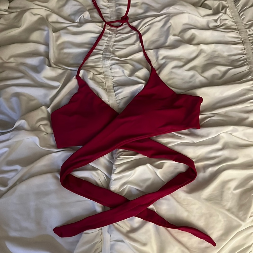 Women burgundy wrap up bikini top piece